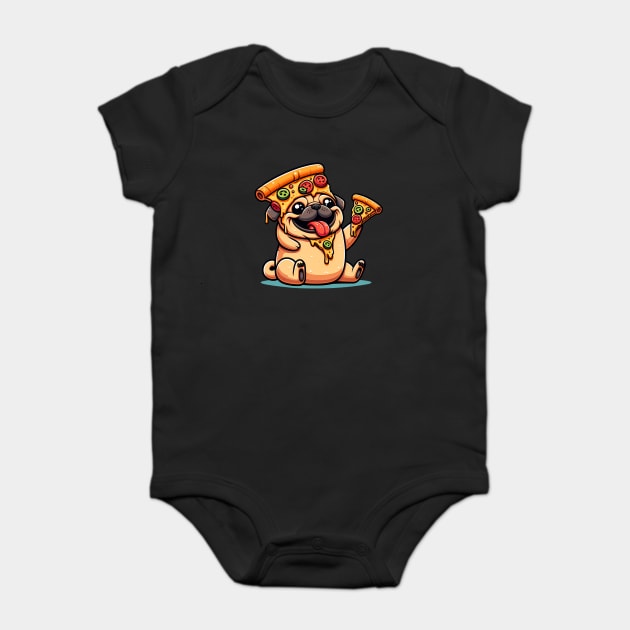 Cute Funny Pug Dog Eating Pizza Baby Bodysuit by logiamerch
